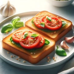 two slices of toasted bread topped with fresh tomato, garlic, and basil, placed on a clean white plate, soft lighting 