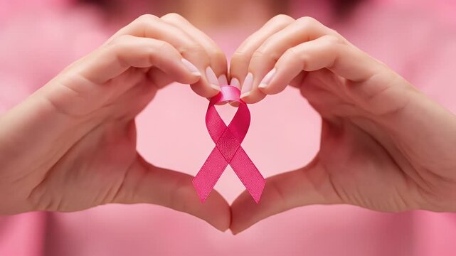 Pink Ribbon For Breast Cancer Awareness Forming Heart Shape By Hands Over Pink Fabric Background