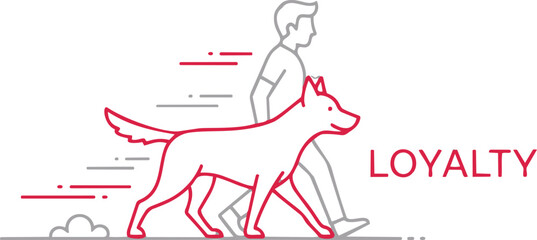 A dog and its owner walking together in a line art style illustration