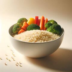 A clean white bowl filled with quinoa and steamed vegetables, placed against a soft beige background, minimalist food styling