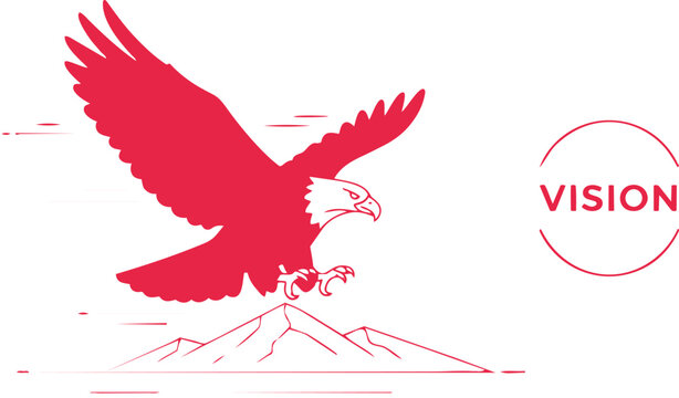 A red eagle flying over a mountain with vision text in a circle logo