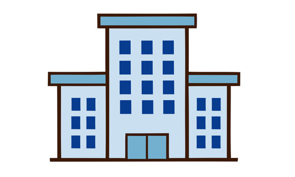 Minimalist illustration of a modern light blue building with multiple windows and doors, representing a corporate office or institutional structure