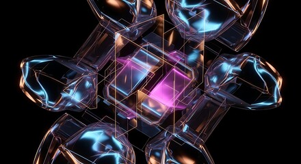 Stunning crystal structures with neon lights on black background for futuristic designs