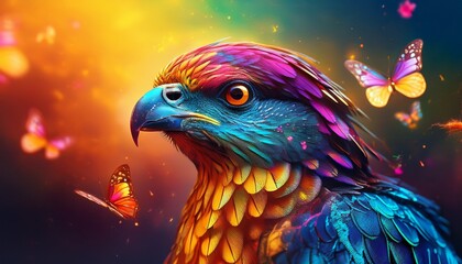 Fototapeta premium bird prey with vibrant butterfly its head