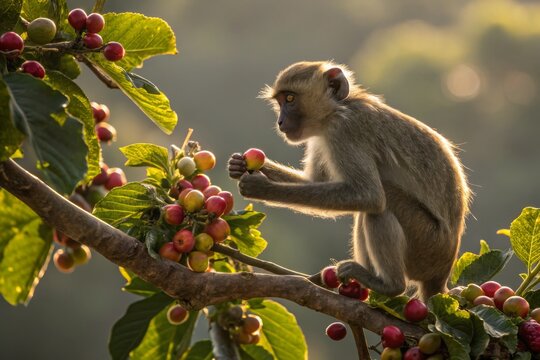 A young monkey crouched on a fruit-laden branch in natural sunlight, reaching for ripe berries.