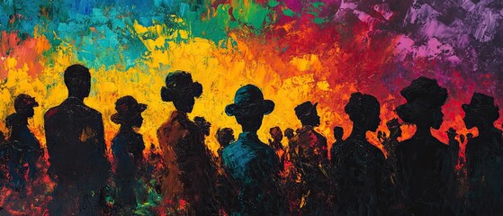Obraz premium Panoramic Oil Painting of African American Crowd Silhouettes against Vibrant Pan-African Colorful Background, Unity and Black History Month Concept - mes de la historia negra fondo febrero