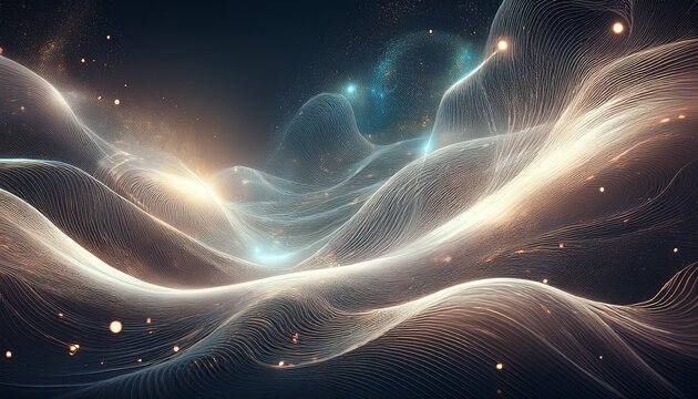 science background with particles and waves plasma quantum technology dreamy with white tones