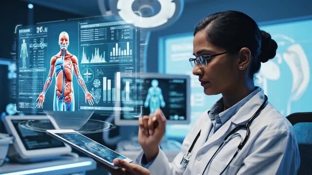 Female doctor analyzing virtual human anatomy on holographic display in lab