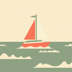 Naklejka premium Sailboat sailing on waves in a retro style illustration 