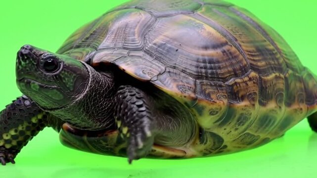 Close up of a tortoise with a green background.