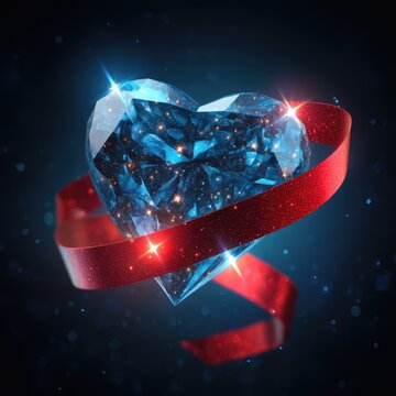 3D vector icon of a blue diamond-shaped heart wrapped in a red ribbon, with a glowing background featuring glitter and stars.