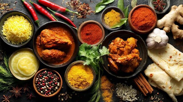 Assorted Indian food platter on black background, colorful traditional dishes, top view with copy space
