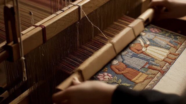 Weaving Elaborate Tapestry on Loom with Medieval Imagery and Detailed Craftsmanship in Warm Tones