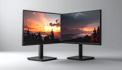 Fototapeta premium Dual Computer Monitors Displaying Landscapes.