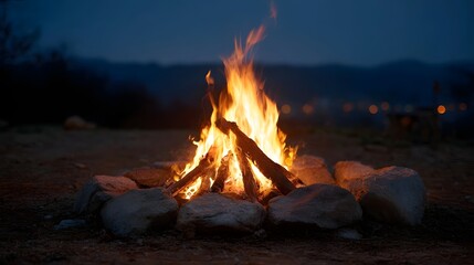 A vibrant campfire burns brightly surrounded by stones on a dark clear night casting a warm glow on the surrounding landscape