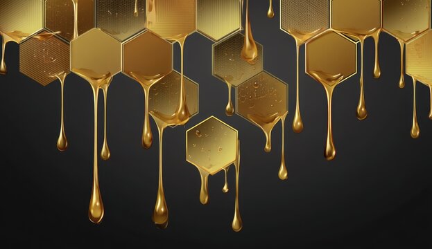 A background of honeycomb shapes in gold, with liquid drops and hexagons.