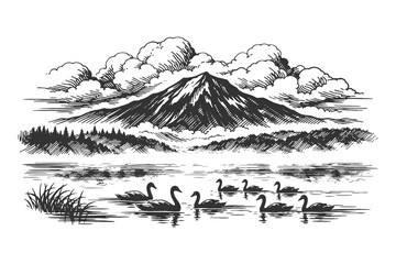 Serene woodcut vector illustration featuring a group of swans swimming on a mountain lake with pine forest silhouettes and high peaks under clouds. © Chairul