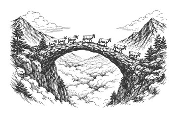Obraz premium Detailed etching vector illustration of a group of mountain goats crossing an ancient natural stone bridge high above a valley filled with thick clouds.