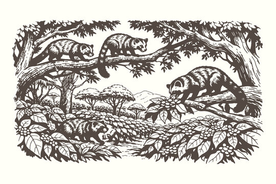 Detailed woodcut vector illustration of several civets perched on coffee tree branches surrounded by berries in a tropical plantation setting.