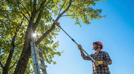 Man pruning tree branches with a long pole saw on a ladder outdoors on a sunny day from a low angle viewpoint