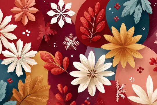 Vector flat illustration of a dark red pattern with snowflakes, flowers, and festive color blocks