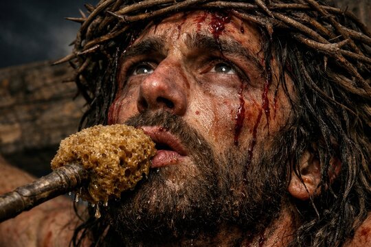 Close-up of Jesus Christ wearing a crown of thorns and bleeding face receiving vinegar on a sponge during the crucifixion passion