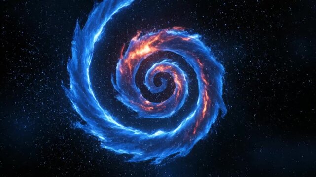 Mesmerizing celestial vortex of luminous blue and fiery orange energy, spiraling through the vast cosmic expanse, evoking powerful universal dynamics and abstract beauty