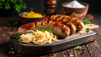 Bratwurst mit Sauerkraut und Senf auf Holzbrett