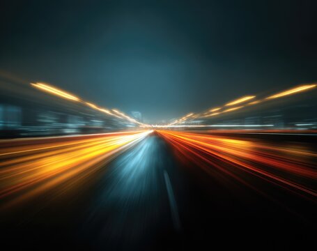 A blurred background of an illuminated highway at night with streaks and rays of light, creating dynamic visual effects.