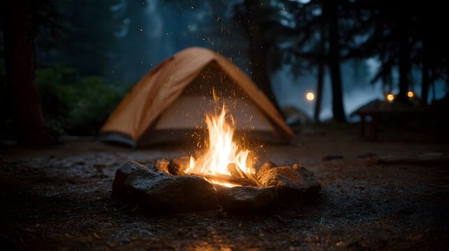 A glowing campfire illuminates a tent at a dark forest campsite at night