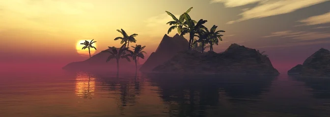 Fototapete Purpur Beautiful beach with palm trees at sunset, panorama of a tropical landscape, sea sunset, 3d rendering  © ustas