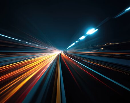 A blurred background of an illuminated highway at night with streaks and rays of light, creating dynamic visual effects.