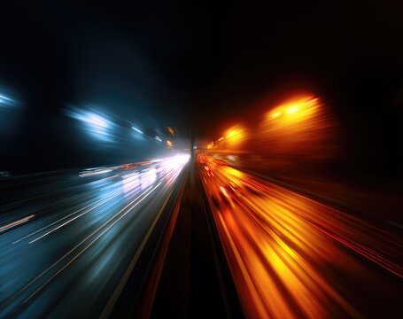 A blurred background of an illuminated highway at night with streaks and rays of light, creating dynamic visual effects.