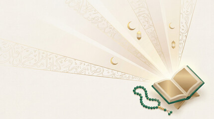Ramadan prayer beads with Quran and crescent moon on white