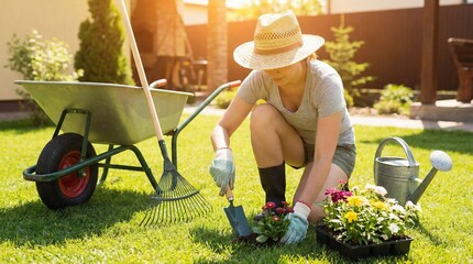 Woman gardening in a lush green yard with flowers and gardening tools nearby on a sunny day from a slightly elevated viewpoint