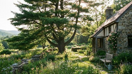 Serene stone cottage surrounded by lush greenery and a majestic tree in a picturesque garden scene viewed from a tranquil pathway