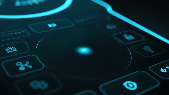 Close-up of a futuristic control panel with glowing blue buttons and icons on a dark background with a shallow depth of field.