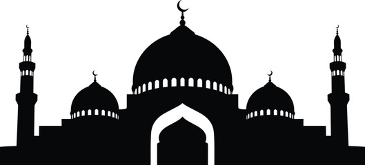 Silhouette of a mosque with domes and minarets against a white background © Rohima