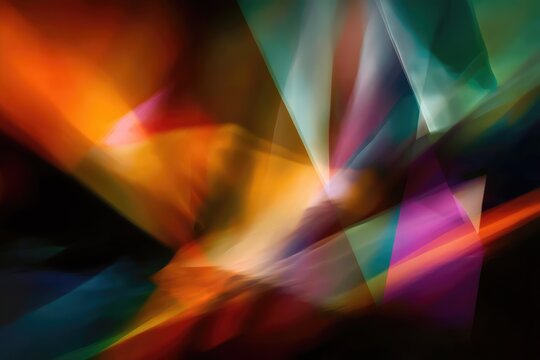 A blurred, psychedelic photograph of rainbow colors and geometric shapes, creating an abstract expressionist background.