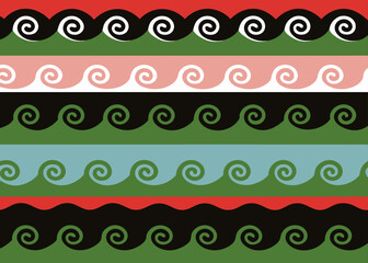 Traditional maori kowhaiwhai pattern with colorful spiral wave motifs in horizontal bands