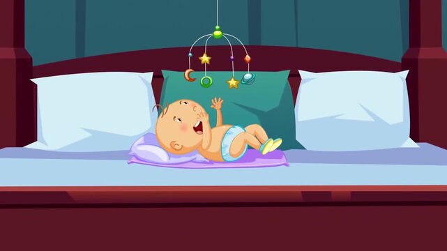 Cute baby sleeping peacefully on bed animation, night time rest and parenting care concept, newborn child bedtime routine, 2D cartoon