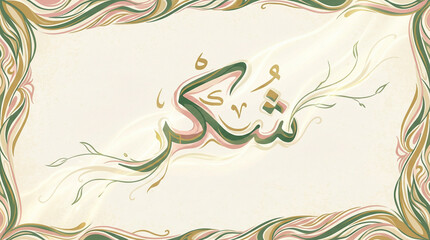 Elegant Arabic Calligraphy Shukr Art Green Gold Ornate Frame