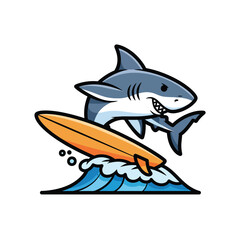 Shark riding a surfboard on a wave in the ocean viewed from the side