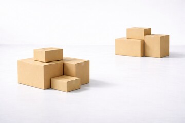 Fototapeta premium Cardboard boxes grouped into two clusters on white studio floor, different sizes suggest separate e-commerce orders, clean logistics workflow concept with soft shadows and wide copy space