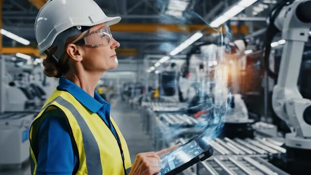 Female engineer interacting with holographic robotic arm in modern factory