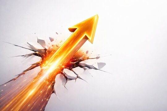 Golden arrow breaking through white surface with powerful energy and clean background, growth and success concept with space for text for business marketing visuals