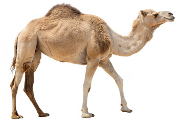 Enduring dromedary camel striding across the desert