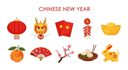 Collection of ten illustrated items related to Chinese New Year festivities