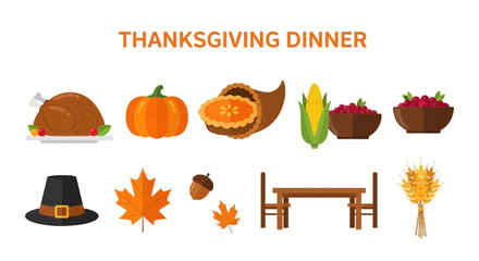 Flatdesign illustration of Thanksgiving dinner icons including food and seasonal items © zyaa