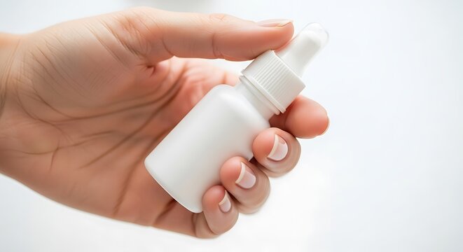 A close-up shot of a person's hand firmly holding a sterile white nasal spray bottle, indicating readiness for a medical treatment for allergies, sinus congestion, or the common cold